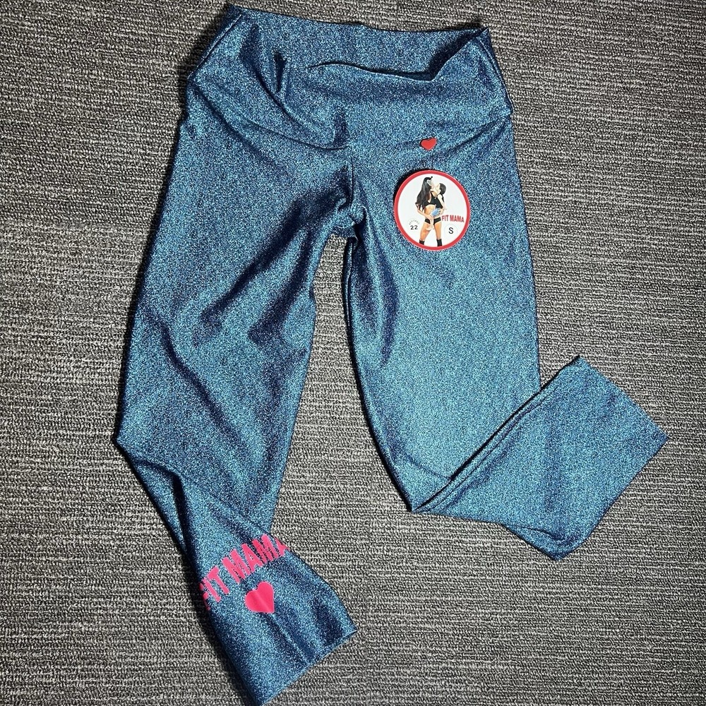 New! Fit Mama‎ Metallic Shimmer Blue Heather Leggings Capri NWT Size Small